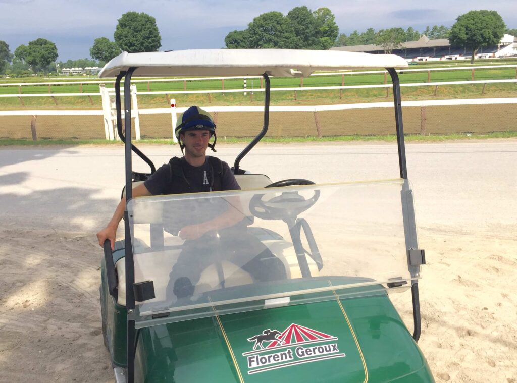 Florent Geroux's arrived at Saratoga on July 18 and has a nice new golf cart to get him around (Photo: Michael Spector)
